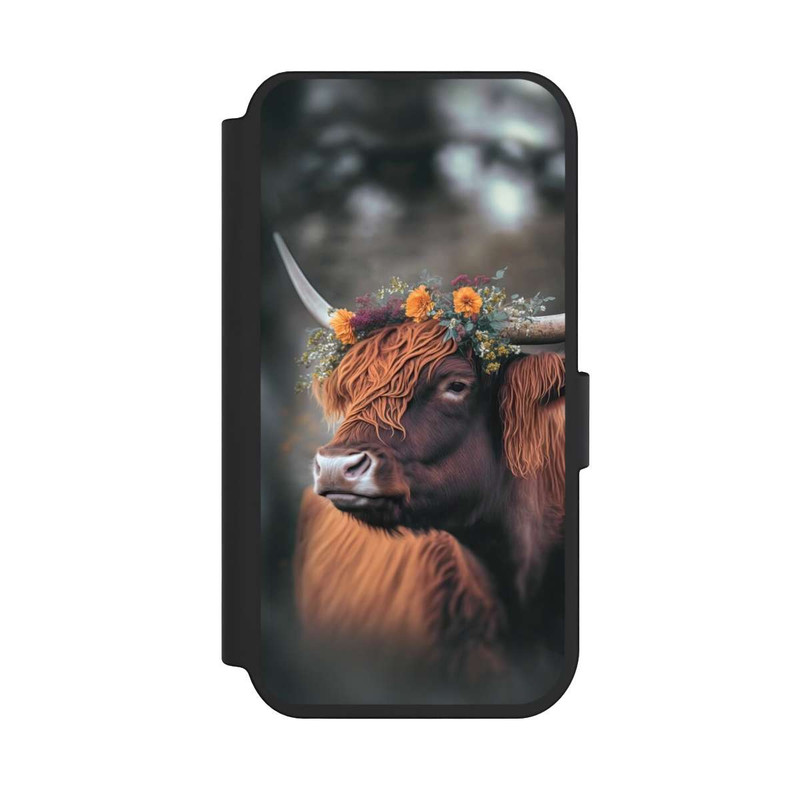iPhone 14 Pro NIVOflip Vache des Highlands avec des fleurs avec IA