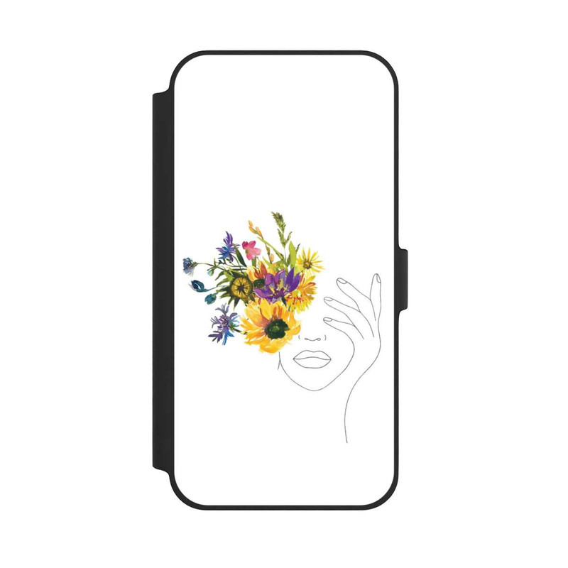 iPhone 14 Plus NIVOflip Line Art Frau Sonnenblumen