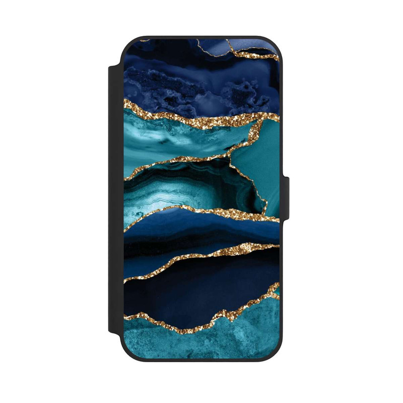 iPhone 14 Plus NIVOflip Dark and Light Blue Marble Gold Glitter Look