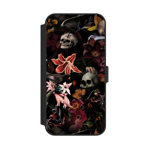 Apple iPhone 14 Plus NIVOflip Totenköpfe und Blumen auf dunklem Hintergrund