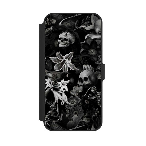 Apple iPhone 14 Plus NIVOflip Totenköpfe und Blumen auf schwarzem Hintergrund