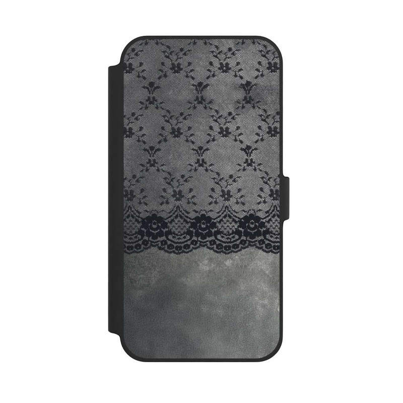 iPhone 14 Plus NIVOflip Motif de Dentelle Noire sur fond gris