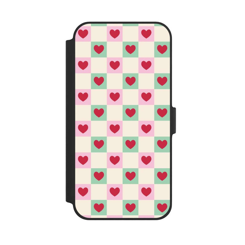 iPhone 14 Plus NIVOflip Cœurs à Carreaux Rose et Vert Saint-Valentin