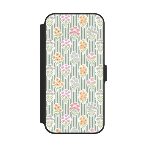 Apple iPhone 14 Plus NIVOflip Ditsy Flower Sticker Bouquets on Blue and Cream Pinstripes