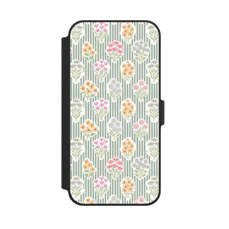iPhone 14 Plus NIVOflip Ditsy Flower Sticker Bouquets on Blue and Cream Pinstripes