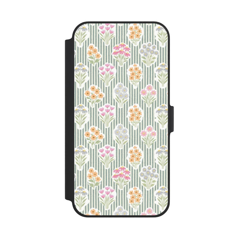 iPhone 14 Plus NIVOflip Ditsy Flower Sticker Bouquets on Blue and Cream Pinstripes