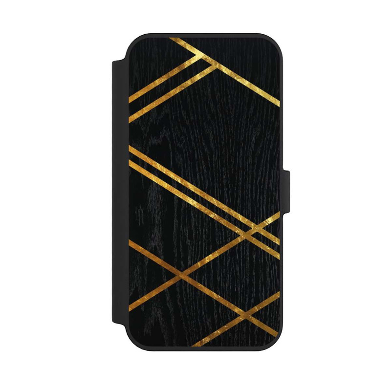 iPhone 14 Pro Max NIVOflip Schwarzes geometrisches Muster Goldene Streifen