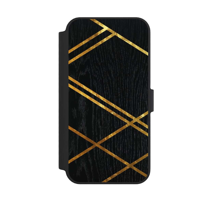 iPhone 14 Pro Max NIVOflip Noir Motif géométrique Rayures dorées