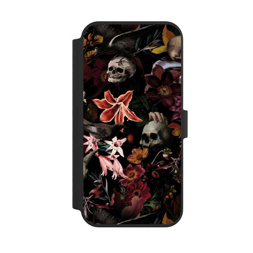 Apple iPhone 14 Pro Max NIVOflip Totenköpfe und Blumen auf dunklem Hintergrund
