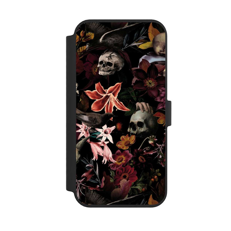 iPhone 14 Pro Max NIVOflip Totenköpfe und Blumen auf dunklem Hintergrund