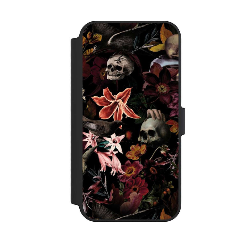iPhone 14 Pro Max NIVOflip Totenköpfe und Blumen auf dunklem Hintergrund