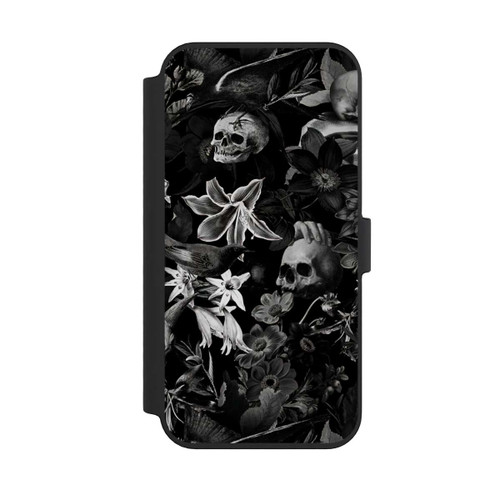 Apple iPhone 14 Pro Max NIVOflip Totenköpfe und Blumen auf schwarzem Hintergrund