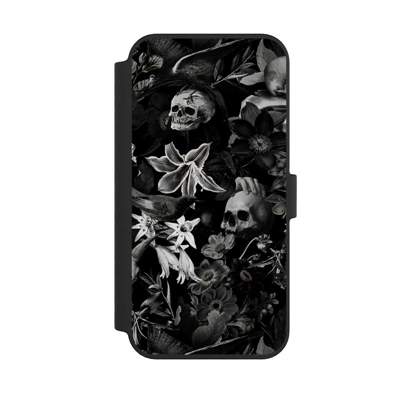 iPhone 14 Pro Max NIVOflip Totenköpfe und Blumen auf schwarzem Hintergrund