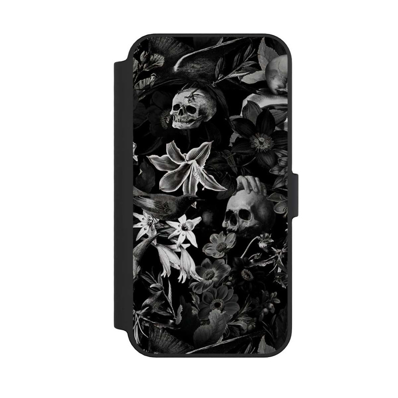 iPhone 14 Pro Max NIVOflip Totenköpfe und Blumen auf schwarzem Hintergrund