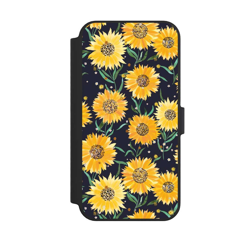 iPhone 14 Pro Max NIVOflip Fleurs de Tournesol sur Fond Noir