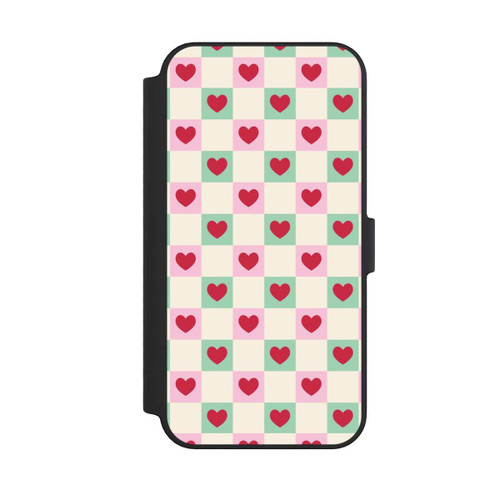 Apple iPhone 14 Pro Max NIVOflip Cœurs à Carreaux Rose et Vert Saint-Valentin