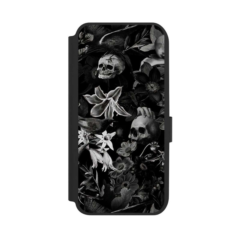 Galaxy A14 5G NIVOflip Totenköpfe und Blumen auf schwarzem Hintergrund