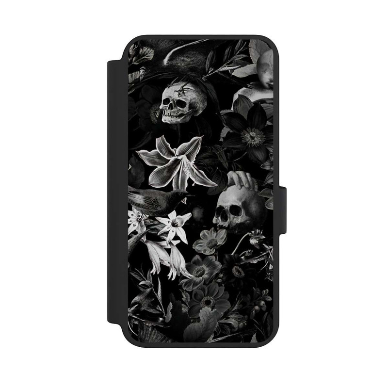 Galaxy S23 NIVOflip Crânes et fleurs sur fond noir