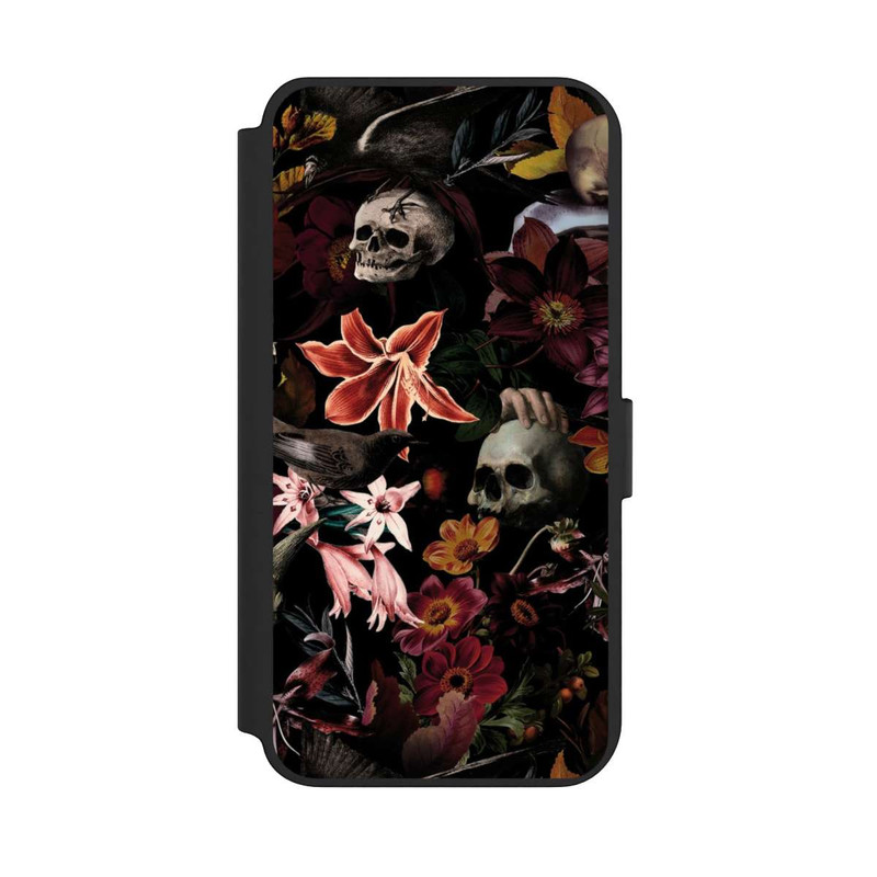 Galaxy S23 + NIVOflip Totenköpfe und Blumen auf dunklem Hintergrund