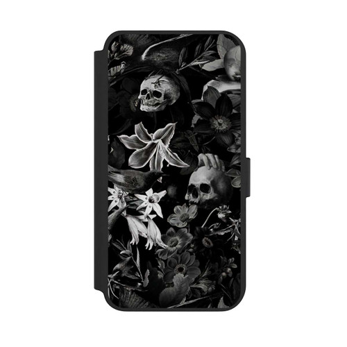 Samsung Galaxy S23+ NIVOflip Totenköpfe und Blumen auf schwarzem Hintergrund