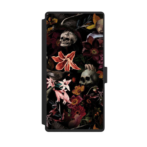 Samsung Galaxy S23 Ultra NIVOflip Totenköpfe und Blumen auf dunklem Hintergrund
