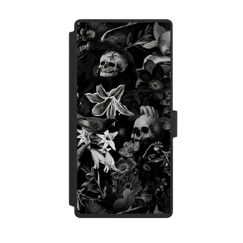 Samsung Galaxy S23 Ultra NIVOflip Totenköpfe und Blumen auf schwarzem Hintergrund