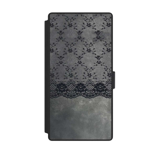 Samsung Galaxy S23 Ultra NIVOflip Schwarzes Spitzenmuster auf grauem Hintergrund