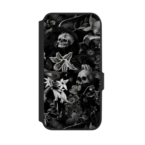 Samsung Galaxy A54 5G NIVOflip Totenköpfe und Blumen auf schwarzem Hintergrund