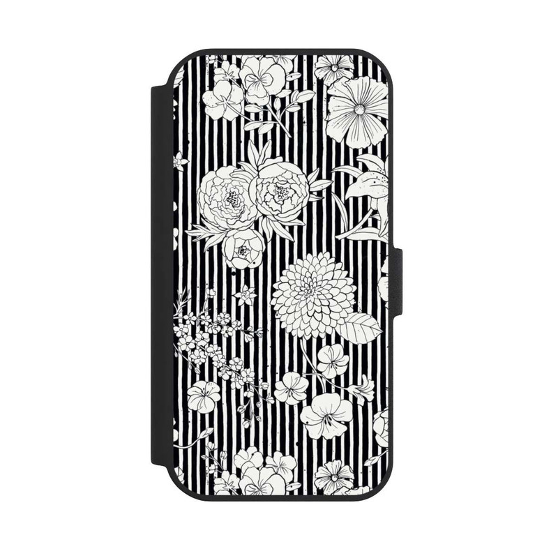 iPhone 15 NIVOflip Blumen und Streifen Schwarz und Weiß