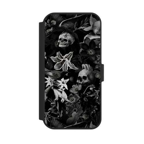 Apple iPhone 15 NIVOflip Totenköpfe und Blumen auf schwarzem Hintergrund