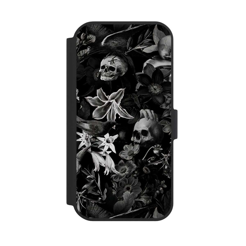 iPhone 15 NIVOflip Totenköpfe und Blumen auf schwarzem Hintergrund