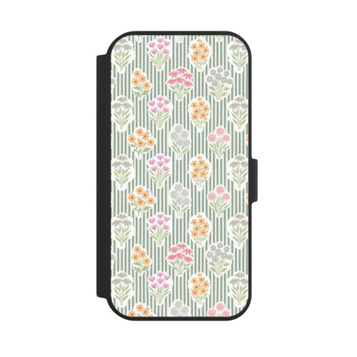 Apple iPhone 15 NIVOflip Ditsy Flower Sticker Bouquets on Blue and Cream Pinstripes