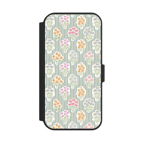 Apple iPhone 15 NIVOflip Ditsy Flower Sticker Bouquets on Blue and Cream Pinstripes