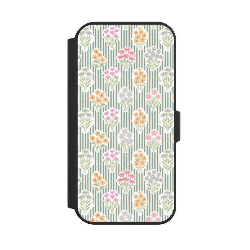 iPhone 15 NIVOflip Ditsy Flower Sticker Bouquets on Blue and Cream Pinstripes