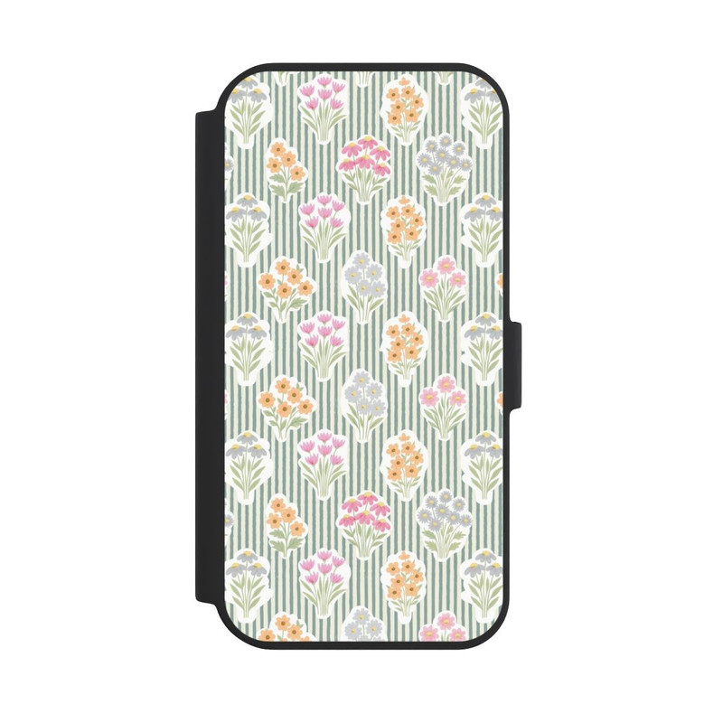 iPhone 15 NIVOflip Ditsy Flower Sticker Bouquets on Blue and Cream Pinstripes