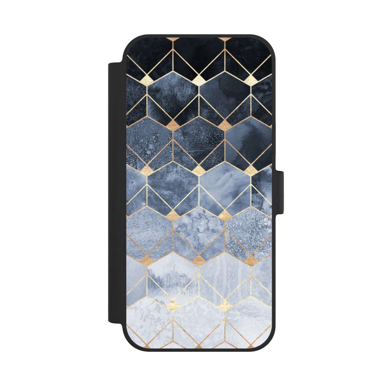 iPhone 15 Plus NIVOflip Blaue Sechsecke und Diamanten Golddruck
