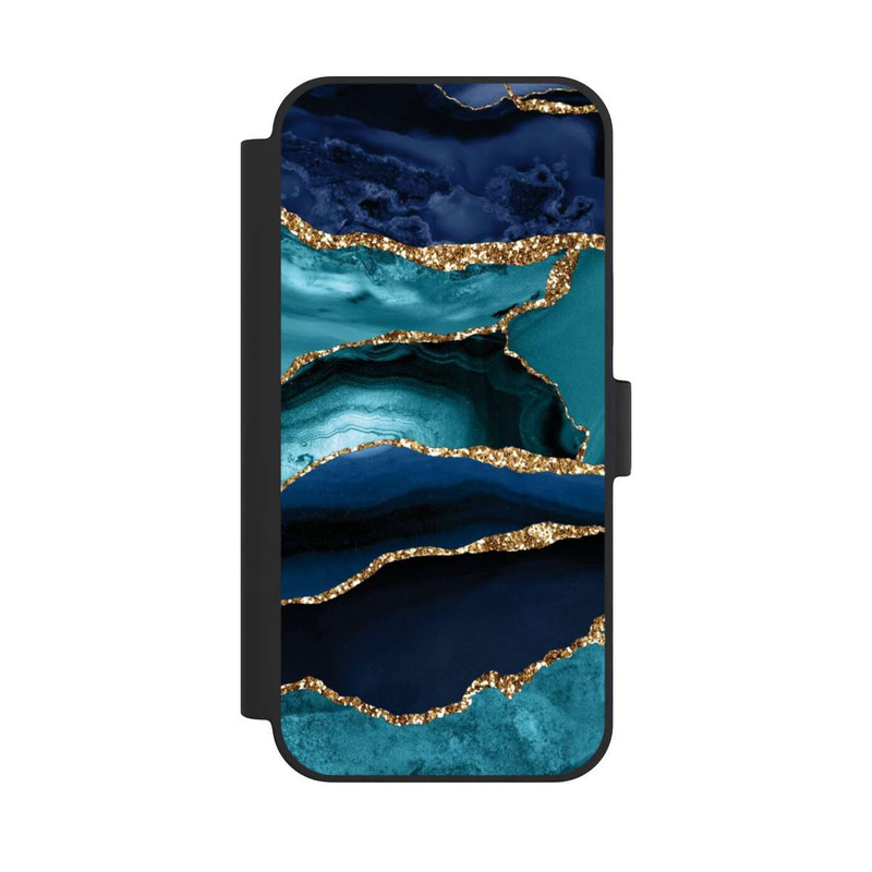 iPhone 15 Plus NIVOflip Aspect pailleté doré marbré bleu foncé et bleu clair