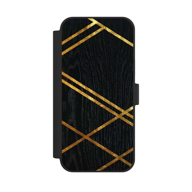 iPhone 15 Plus NIVOflip Noir Motif géométrique Rayures dorées