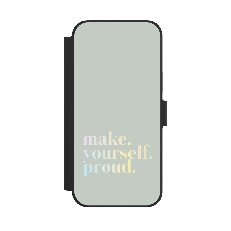 iPhone 15 Plus NIVOflip Make Yourself Proud Zitat-Minze und Farbverlauf