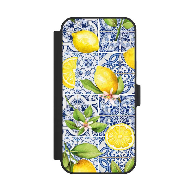iPhone 15 Plus NIVOflip Mediterrane Amalfi Küste mit Blauen Kacheln und Zitronen
