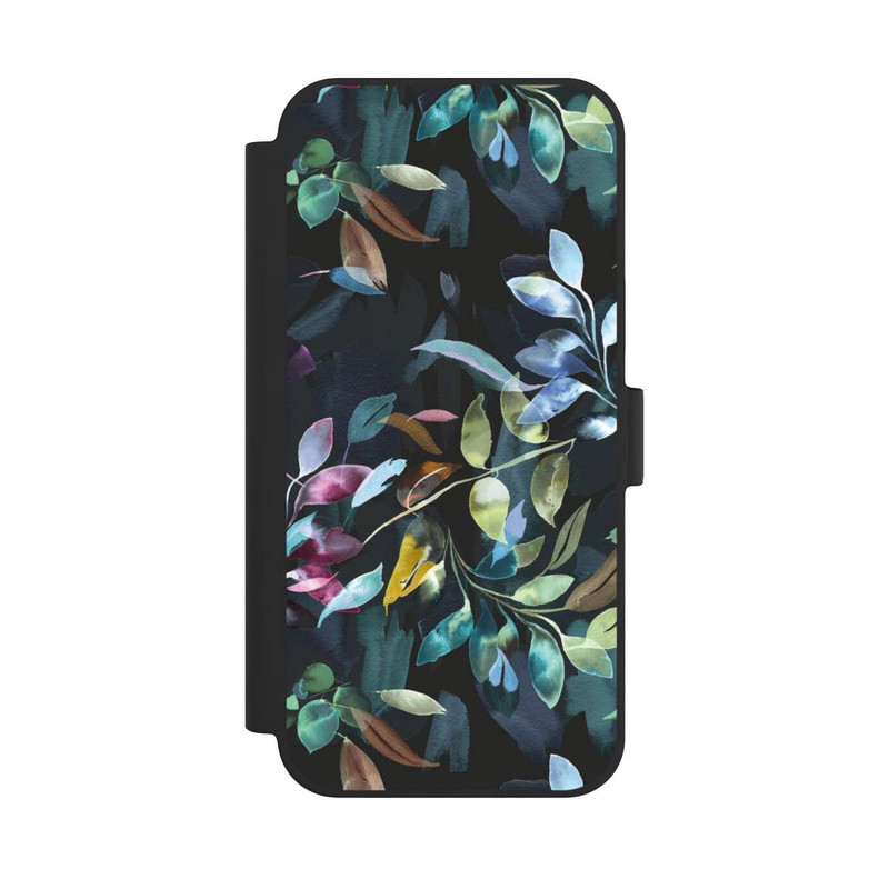 iPhone 15 Plus NIVOflip Aquarelle Feuilles Mystiques Noir