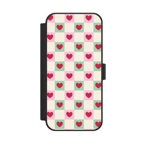 Apple iPhone 15 Plus NIVOflip Karomuster Herzen Rosa und Grün Valentinstag