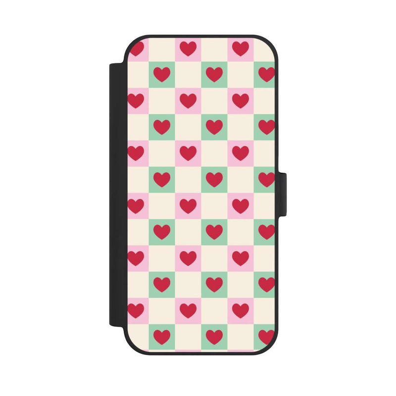 iPhone 15 Plus NIVOflip Karomuster Herzen Rosa und Grün Valentinstag