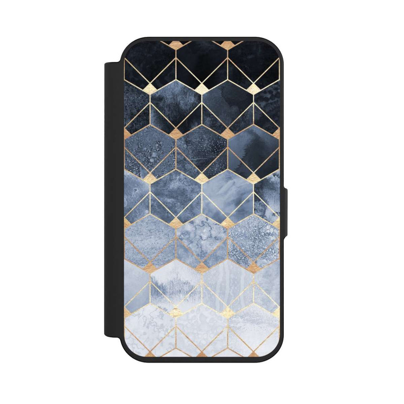 iPhone 15 Pro NIVOflip Blaue Sechsecke und Diamanten Golddruck