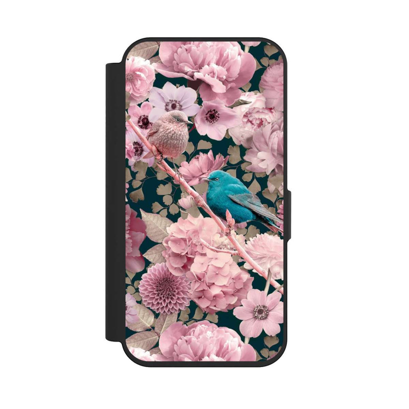 iPhone 15 Pro NIVOflip Spatzen im rosa Blumenmuster