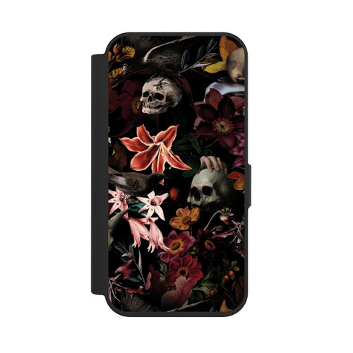 Apple iPhone 15 Pro NIVOflip Totenköpfe und Blumen auf dunklem Hintergrund