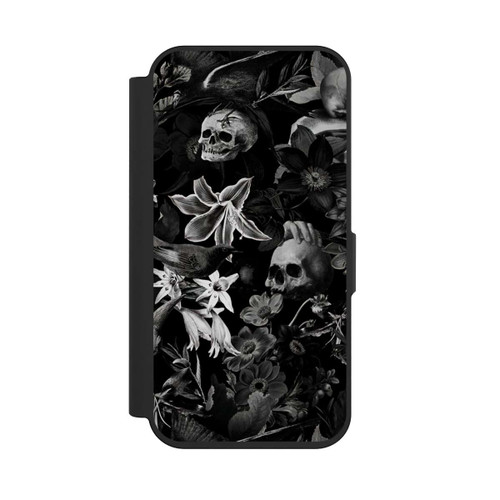 Apple iPhone 15 Pro NIVOflip Totenköpfe und Blumen auf schwarzem Hintergrund