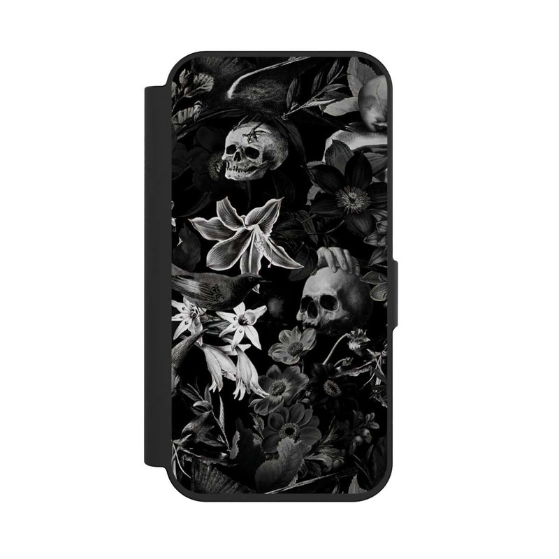 iPhone 15 Pro NIVOflip Totenköpfe und Blumen auf schwarzem Hintergrund