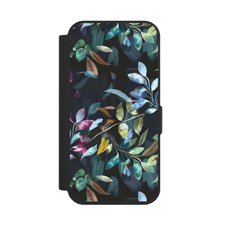 iPhone 15 Pro NIVOflip Aquarelle Feuilles Mystiques Noir