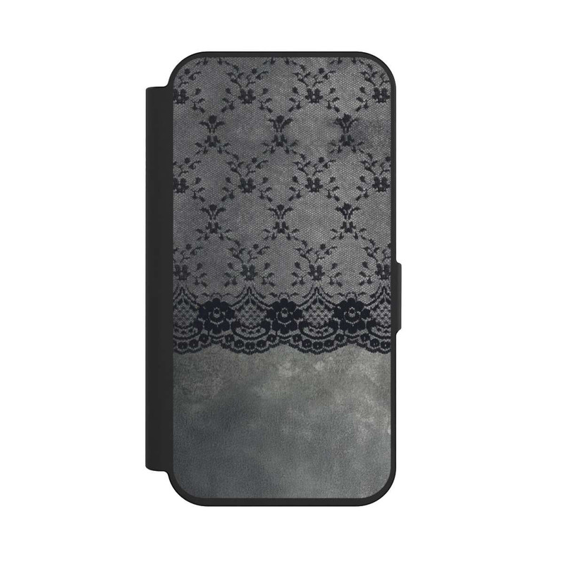 iPhone 15 Pro NIVOflip Black Lace Pattern on a Grey Background